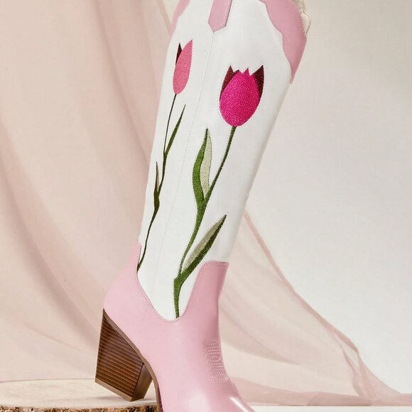 Pink Casual Women's Chunky Heel Tulip Embroidery Mid-Calf Western Boots - Picture 4 of 7